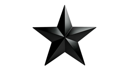 A dark, metallic five-pointed star with a glossy finish, set against a stark black background