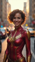Confident superheroine in a vibrant red and gold suit
