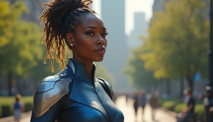 Confident woman in futuristic armor standing in a vibrant cityscape
