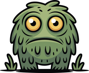 Cute cartoon green character with big eyes, a beak, and wings sitting on a branch, featuring a funny vector art illustration drawing