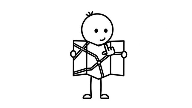 Simple Stick Figure Man Character Holding and Checking a Folded Map Representing Travel and Exploration on a White Background