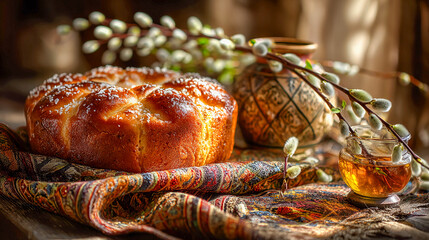 Easter pastries on a cloth with willow branches and a jar of honey. For themes related to Easter, traditions, home cooking, and a spring mood.