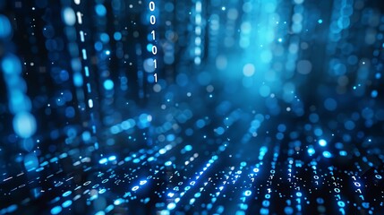 Digital binary code rain falling vertically in blue tones