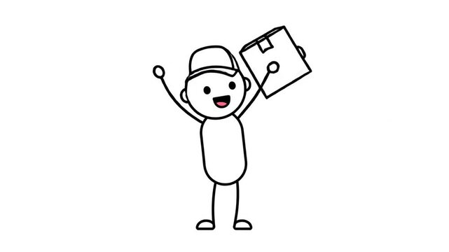 Simple Stickman Delivery Person Holding Package and Cap with White Background Simple Animation Celebrating End of Shift Expressing Joy and Relief