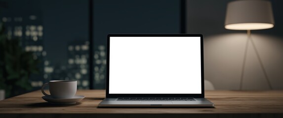 Laptop with blank white screen on wooden desk at night with coffee cup and cityscape background for remote work and online presentations