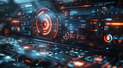 Futuristic hologram user interface with floating icons and data