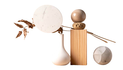 Arrangement of organic shapes sphere, vase, wood block, dried flora, and textured orb