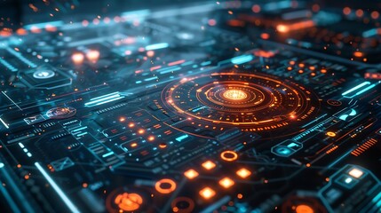 Futuristic hologram user interface with floating icons and data