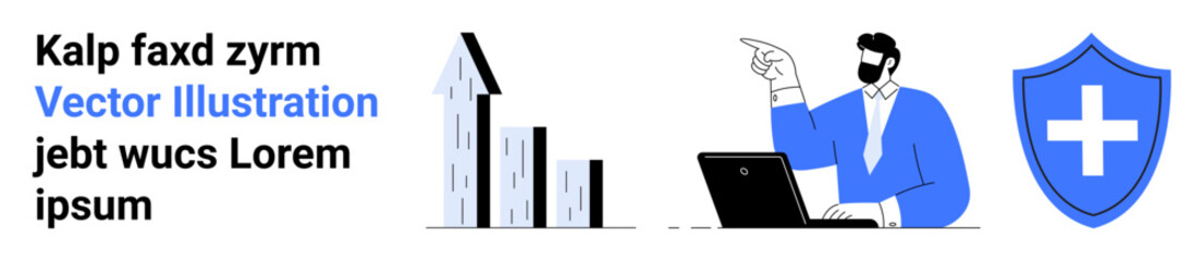 Obraz premium Business progress, data analytics, digital security, healthcare protection, teamwork, professional database. Graph of bars, shield with a cross person using a laptop. Business progress and data
