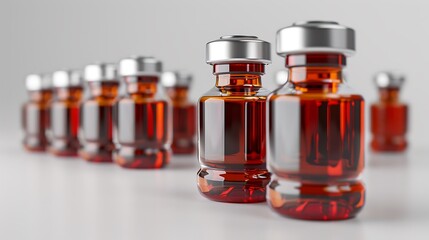 Medical injection vials with metallic caps aligned symmetrically