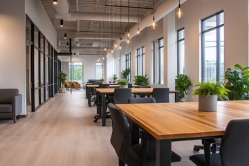Modern coworking space with wooden desks gray chairs plants and large windows for collaboration and teamwork promoting productivity and innovation