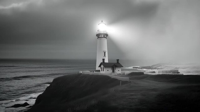 Towering lighthouse shines bright amidst dense fog near the coast during dusk