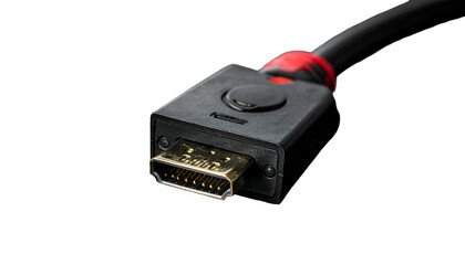 Close-up of a black HDMI connector with gold pins and red accent on a black background