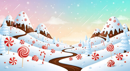 Sweet winter landscape illustration featuring mountains covered in snow and peppermint candies with chocolate river winding through terrain
