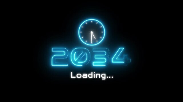 New year 2034 loading animation. Neon new year text animation. New year timer clock icon animation.