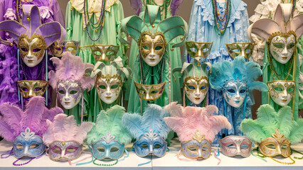 Colorful carnival masks in pastel colors are displayed on the shelves to celebrate the Mardi Gras carnival.