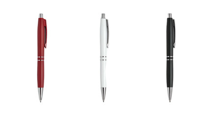 Three ballpoint pens, red, white, and black, aligned horizontally on a black backdrop