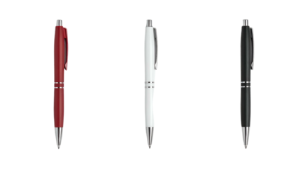Three ballpoint pens, red, white, and black, aligned horizontally on a black backdrop