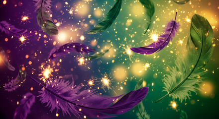background of delicate feathers and sparks in Mardi Gras colors.
