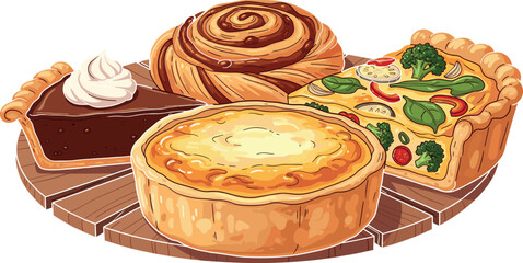 Assorted Pastries Including Chocolate Pie Slice, Cinnamon Roll, Cheese Tart, and Vegetable Quiche on Wooden Board, Delicious Bakery Collection
