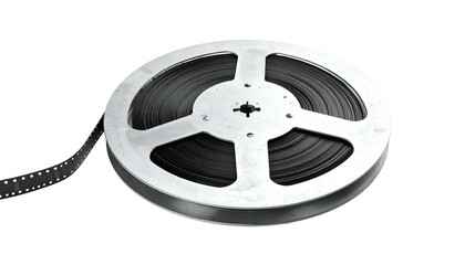 Close-up of a vintage film reel, with strips of film extending from the reel