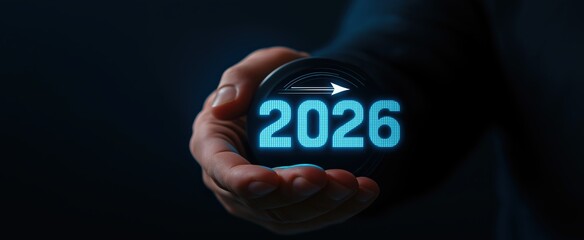 Hand holding future 2026 year projection display with arrow business forecast and financial planning for upcoming year dark background
