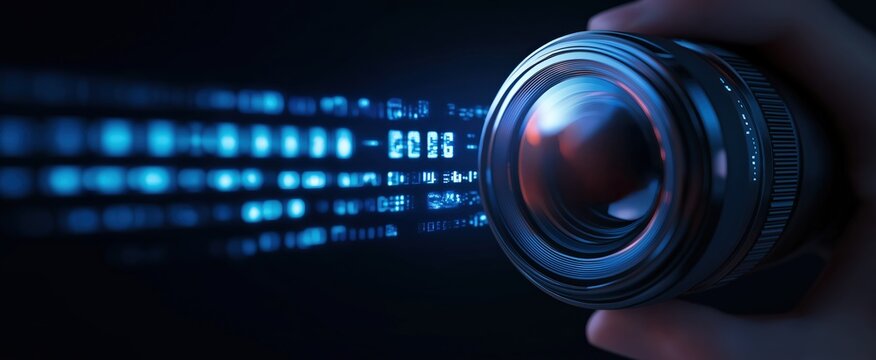 Camera lens close-up with blue digital data stream overlay technology concept for photography optics and modern communication systems - Powered by Adobe