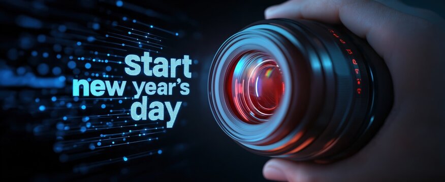 New year's day start concept with camera lens and blue light streaks on dark background for holiday celebrations and fresh beginnings themes