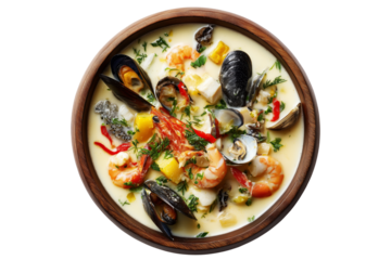Seafood Chowder creamy soup with mussels, fish, and potatoes in wooden bowl, isolated on white background. New Zealand cuisine