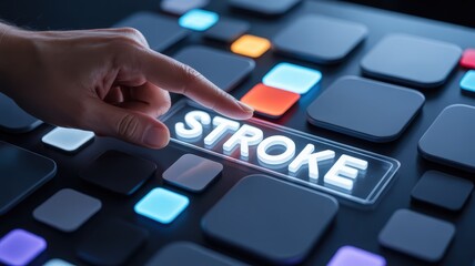 Human finger activates glowing interface button labeled with a critical medical condition