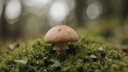 Close-up of a mushroom atop mossy ground. Soft forest background