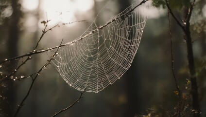 Delicate spiderweb, glistening with morning dew, hangs suspended between branches in a misty forest