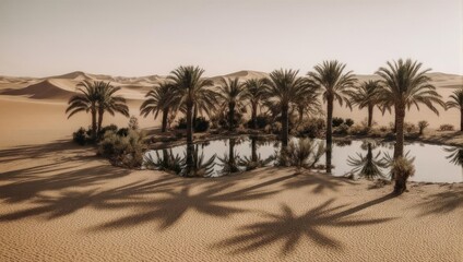 Oasis in the desert, palm trees, calm pool of water,  sunlight casts long shadows on the sand