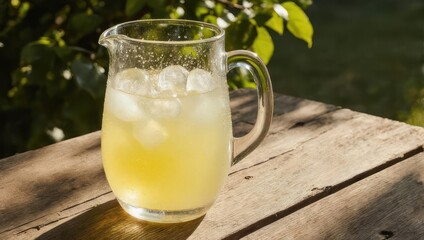 Glass pitcher of a light yellow drink, ice cubes, wooden table, garden background
