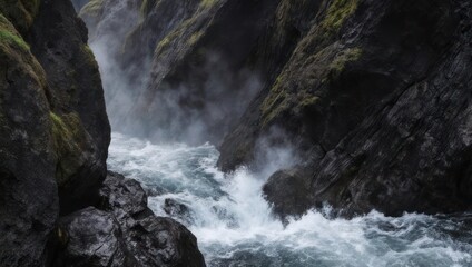 Fast-flowing river carving a rugged gorge