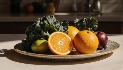 Fresh fruit and greens on a plate, sunlit kitchen