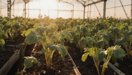Young plants in neat rows within a greenhouse at sunset