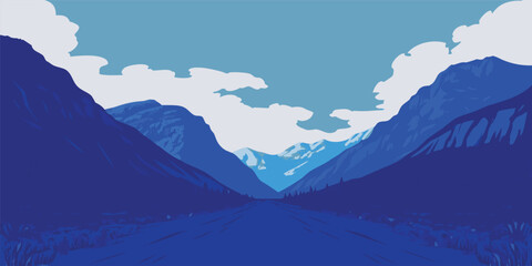 Naklejka premium Breathtaking mountain road trip illustration in cool blue tones, perfect for travel inspiration and modern design projects, a scenic escape to nature