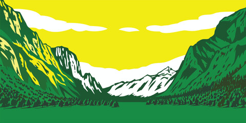 Stunning mountain vista with lush green trees evokes feelings of peace and tranquility, perfect for travel blogs, nature posters, and outdoor adventure ads