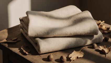 Stack of light beige fabric draped on a wooden table,  natural light, dried leaves,  and nuts