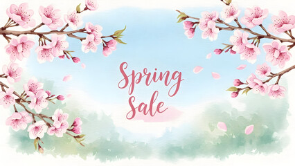 Fototapeta premium Delicate pink cherry blossoms frame a soft focus spring greeting card design