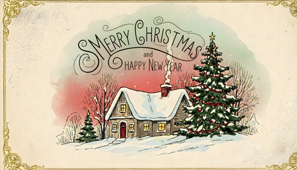 Hand drawn vintage style greeting card showing snowy dwelling and fir tree wishing happy winter season