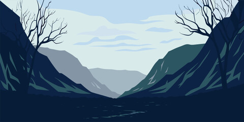 Discover serene mountain valley vista with minimalist charm, perfect for tranquil backgrounds and nature-inspired designs offering peace and escape, vector © merry