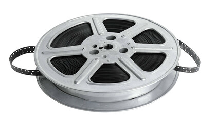 Obraz premium Metal film reel with spools and dark film; isolated on a black background, with handles
