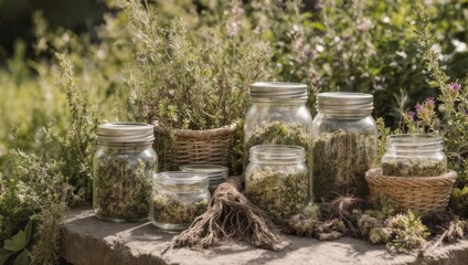 Dried herbs in glass jars on a stone surface, surrounded by plants