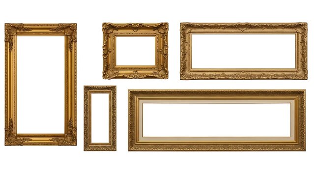 Elegant collection of ornate golden antique picture frames with intricate carvings, in various sizes and shapes, isolated on white.