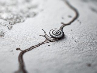 Ink-Style Snail Illustration Crawling on Textured Paper Surface