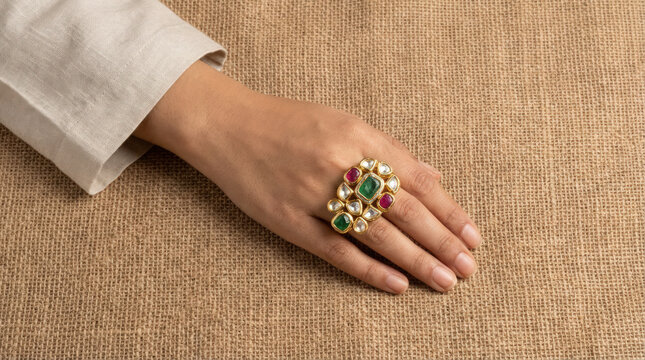 Hand wearing large multi stone statement ring on burlap