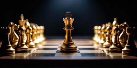 Glistening gold chess pieces stand poised on a checkerboard under dramatic illumination