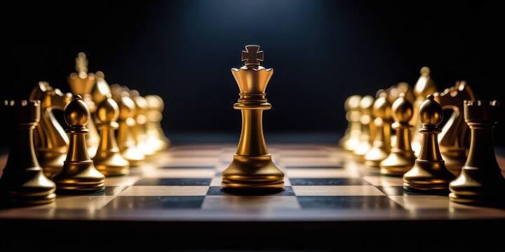 Glistening gold chess pieces stand poised on a checkerboard under dramatic illumination
